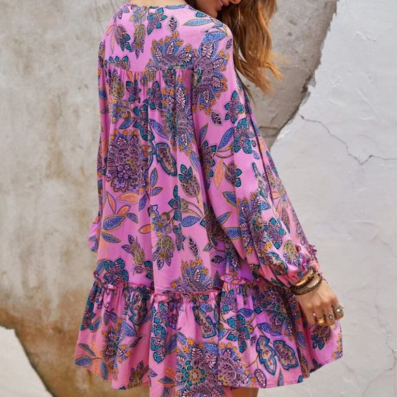 Boho gypsy floral print long sleeve smock dress - Picture 3 of 5
